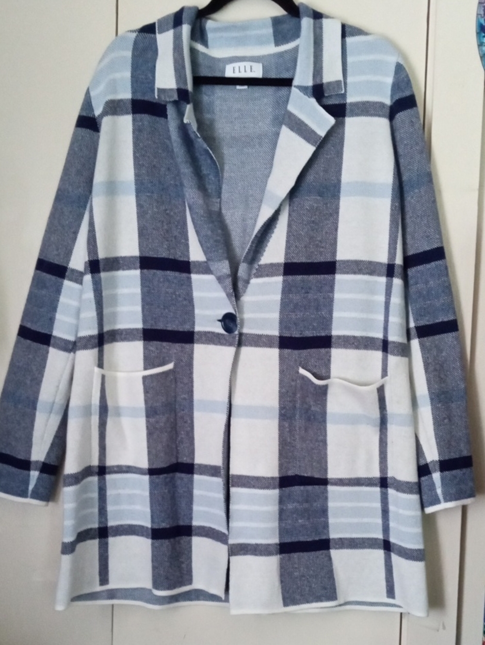 Elle Light Blue & Navy Plaid Single-Button Sweater Blazer Size XXL
